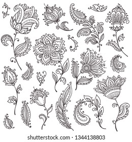 Big vector set of henna floral elements based on traditional Asian ornaments. Paisley Mehndi Tattoo Doodles collection.