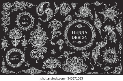 Big vector Set of henna floral and animal elements and frames based on traditional Asian ornaments. Paisley Mehndi Tattoo Doodles collection.