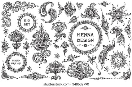 Big vector Set of henna floral and animal elements and frames based on traditional Asian ornaments. Paisley Mehndi Tattoo Doodles collection.
