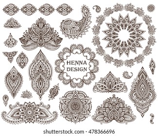 Big vector set of henna floral elements and frames based on traditional Asian ornaments. Paisley Mehndi Tattoo Doodles collection.