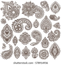 Big vector set of henna floral elements based on traditional Asian ornaments. Paisley Mehndi Tattoo Doodles collection.