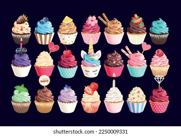 Big vector set of high detailed cupcakes