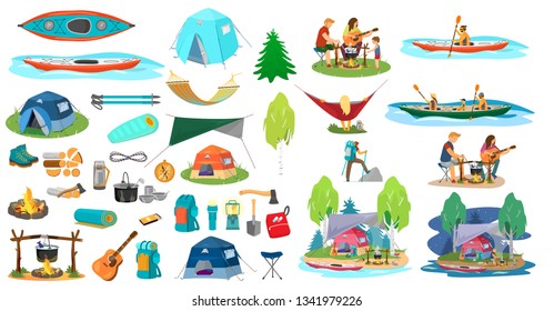 Big vector set of hiking equipment and people in a hike  in flat catroon style. Camping elements. Family near camp fire, man kayaking, family kayaking, man climbing, woman in hammock.