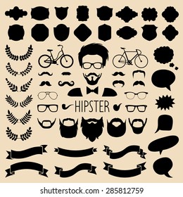 Big vector set of hipster elements, beards, glasses, different shapes ribbons, laurels, labels and speech bubbles in flat style