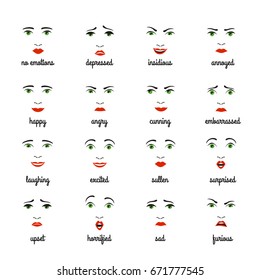 a big vector set of human emotions; female facial expressions; red lips; eyes; eye-brows; note; no face