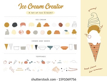 Big vector set of ice-cream elements. Ice cream creator. A tool for creating illustrations of many delicious desserts. For an ice cream party or greeting cards. For business identity and branding.