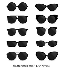 Big vector set of icons of different shapes sunglasses in trendy flat style. Vector illustration EPS10.