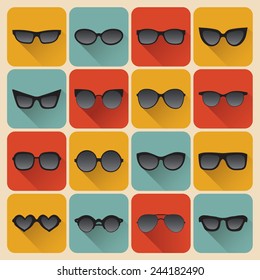 Big vector set of icons of different shapes sunglasses in trendy flat style