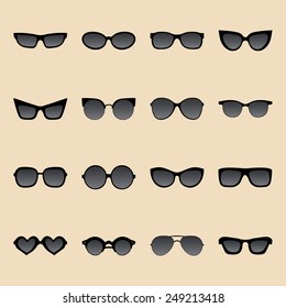 Big vector set of icons of different shapes sunglasses in trendy flat style