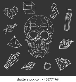 Big vector set of icons. Hand drawn grunge icons. Skull, heart,cube, bottle, etc. Line art/Geometric art.Clip art for design. Perfect illustration for poster, cards, print, web desig, etc