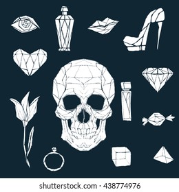 Big vector set of icons. Hand drawn grunge icons. Skull, heart,cube, bottle, etc. Line art/Geometric art.Clip art for design. Perfect illustration for poster, cards, print, web desig, etc