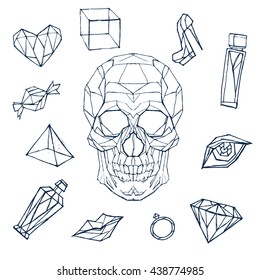 Big vector set of icons. Hand drawn grunge icons. Skull, heart,cube, bottle, etc. Line art/Geometric art.Clip art for design. Perfect illustration for poster, cards, print, web desig, etc