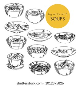 big vector set illustration and different cuisines soups  hand drawn  graphic  dishes different nations