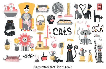 Big vector set of illustrations of cats and their hobbies. Trendy set with flat style kittens. Cats and kittens, claws, balls and beds for cats.Logo or illustration for a pet shop, print for pet and
