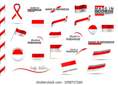 Big vector set of Indonesian ribbons, symbols, icons and flags isolated on a white background. Made in Indonesia, premium quality, Indonesian national colors. Set for your infographics and templates