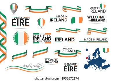 Big vector set of Irish ribbons, symbols, icons and flags isolated on a white background. Made in Ireland, premium quality, Irish national tricolor. Set for your infographics and templates