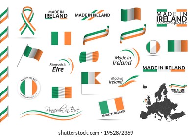 Big vector set of Irish ribbons, symbols, icons and flags isolated on a white background. Made in Ireland, premium quality, Irish national tricolor. Set for your infographics and templates