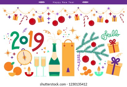 Big vector set of isolated New Year attributes and Christmas symbols in flat style.
