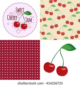 Big vector set of  jam logo, dots background, berry seamless pattern and cherry illustration. Homemade jam collection. Cherry sweet jam. Cherry illustration.