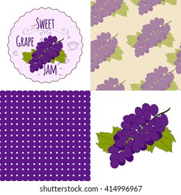 Big vector set of jam logo, dots background, berry seamless pattern and grape illustration. Homemade jam collection. Black grape sweet jam. Black grape illustration.