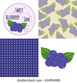 Big vector set of jam logo, dots background, berry seamless pattern and blueberry illustration. Homemade jam collection. Blueberry sweet jam. Blueberry illustration.