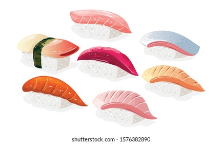 Big vector set with japanese sushi Hokkigai, Hirame, Tai, Maguro, Sake, Saba, Hamachi. Asian dishes from vinegared rice and fishes. Realistic illustration isolated on white background for menu.