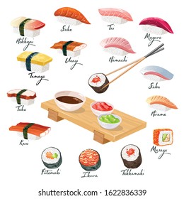 Big vector set with japanese sushi, sashimi, makizushi, norimaki grouped around wooden geta tray with pickled ginger, wasabi, soy sauce and chopsticks. Lettering. Realistic illustration for menu.