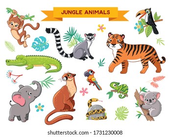 Big vector set jungle animals in cartoon style. Vector collection with mammals on a children's theme.