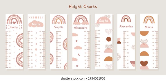 Big Vector Set of kids height charts with abstract boho shapes and rainbows in terracotta colors. Meter wall with trendy design. Children growth chart. Bohemian earthy celestial elements for nursery.