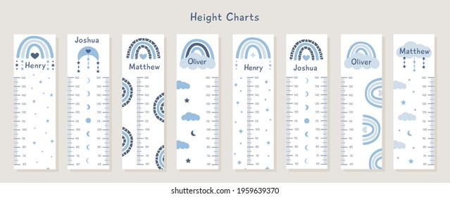 Big Vector Set of kids height charts with abstract boho rainbows and clouds in pastel blue colors. Meter wall with trendy design. Children growth chart. Bohemian elements for nursery with boy names.