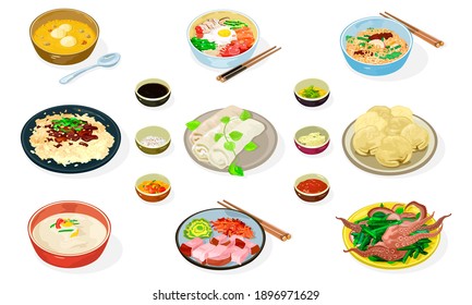 Big vector set of korean dishes in bowls, plates Jajangmyeon, Bibimbap, Hobakjuk, Kongguksu, spring rolls, dumplings, Bossam, Bulgogi, Sannakji, soy, honey mustard kimchi sauces chopsticks spoon