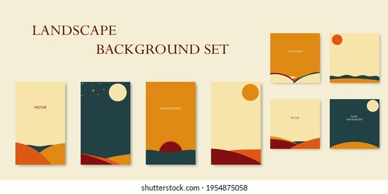 Big vector set of landscape backgrounds for social media with place for text. Backdrops are layouts for stories and posts. Illustration moon, sun, stars, sea