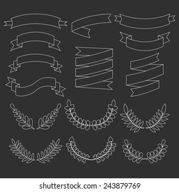 Big vector set of laurels, wreaths and ribbons in modern flat style