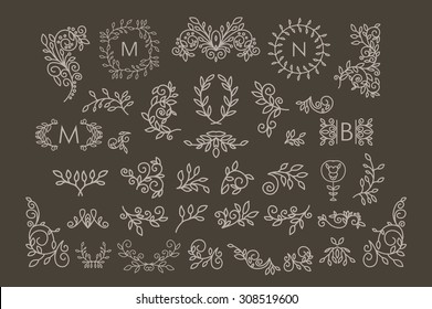 Big Vector set of line floral design elements for logos, frames and borders in modern style. Good for wedding invitations, page decoration, monogram designs e.t.c. Vector floral linear elements. 