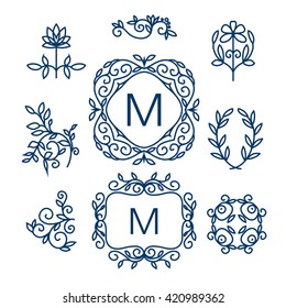 Big Vector set of line floral design elements for logos, frames and borders in modern style. Good for wedding invitations, page decoration e.t.c. Floral set of line art elements. Business logo.