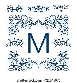 Big Vetor conjunto de elementos de design floral de linha para logotipos, quadros e bordas em estilo moderno. Bom para convites de casamento, decoração de página e.t.c. Conjunto floral de elementos de arte de linha. Logotipo comercial.
