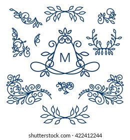 Big Vector set of line floral design elements for logos, frames and borders in modern style. Good for wedding invitations, page decoration e.t.c. Floral set of line art elements. Business logo.