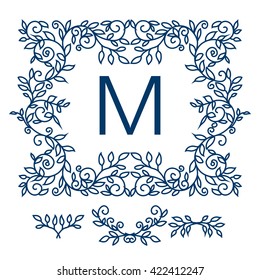 Big Vector set of line floral design elements for logos, frames and borders in modern style. Good for wedding invitations, page decoration e.t.c. Floral set of line art elements. Business logo.