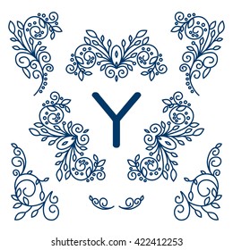 Big Vector set of line floral design elements for logos, frames and borders in modern style. Good for wedding invitations, page decoration e.t.c. Floral set of line art elements. Business logo.
