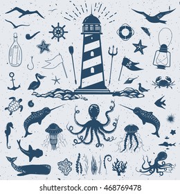 big vector set with marine creatures and nautical objects: seagulls,sharks, fish, octopus, crab, starfish, jellyfish, and other hand drawn animals and water plants