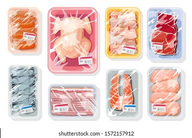 Big vector set with meat, poultry, seafood on plastic trays covered with polyethylene kitchen saran film. Vacuum packaging for storage, transportation of chicken, crawfish, beef steak, sausages.