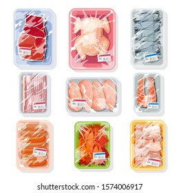 Big vector set with meat, poultry, seafood on plastic trays covered with polyethylene kitchen saran film. Vacuum packaging for storage, transportation of chicken, crawfish, beef steak, sausages.