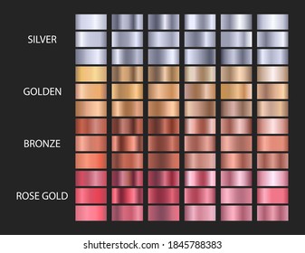Grandes gradientes metálicos vectoriales. Oro, plata, bronce, oro rosa. Colección de colores degradados.