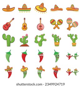 Big vector set of mexican elements, skeleton characters, animals in flat hand drawn style isolated on white background. Icon for party, celebration, national pattern, decoration, traditional food.