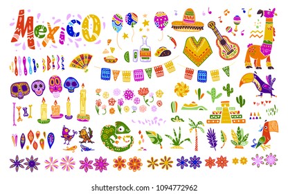 Big vector set of mexico elements, symbols & animals in flat hand drawn style isolated on white background. Icons for fiesta, celebrations,  national patterns & decorations, traditional food, colors.