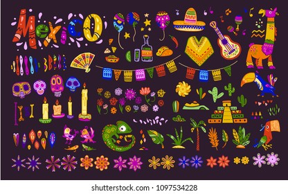 Gran conjunto vectorial de elementos mexicanos, símbolos y animales en un estilo dibujado a mano plana aislado en el fondo oscuro. Iconos para fiestas, celebraciones, patrones y decoraciones nacionales, comida tradicional, colores.