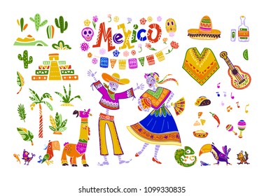 Big vector set of mexico elements, skeleton characters, animals in flat hand drawn style isolated on white background. Icons for fiesta, celebration, national pattern, decoration, traditional food.