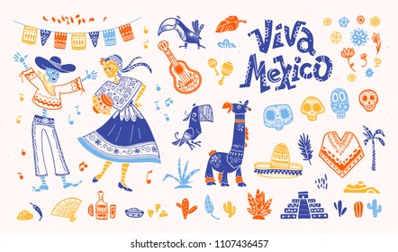 Big vector set of mexico elements, skeleton characters, animals in flat hand drawn style isolated on white background. Icons for fiesta, celebration, national patterns, decoration, traditional food.