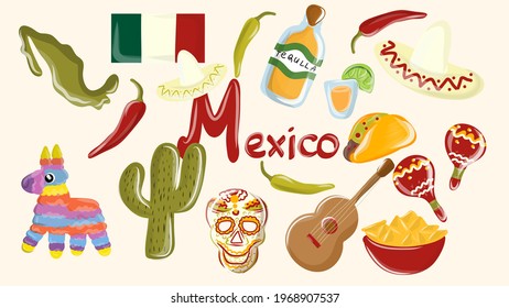 Big vector set of mexico elements, skeleton characters, animals in flat hand drawn style isolated. Mexico with traditional symbols and decorative elements.