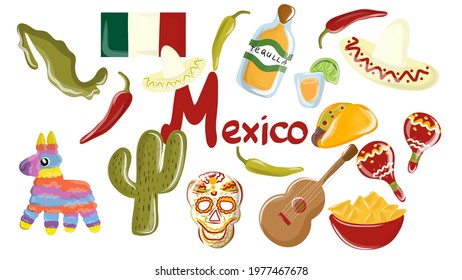 Big vector set of mexico elements, skeleton characters, animals in flat hand drawn style isolated on white background. Mexico with traditional symbols and decorative elements.